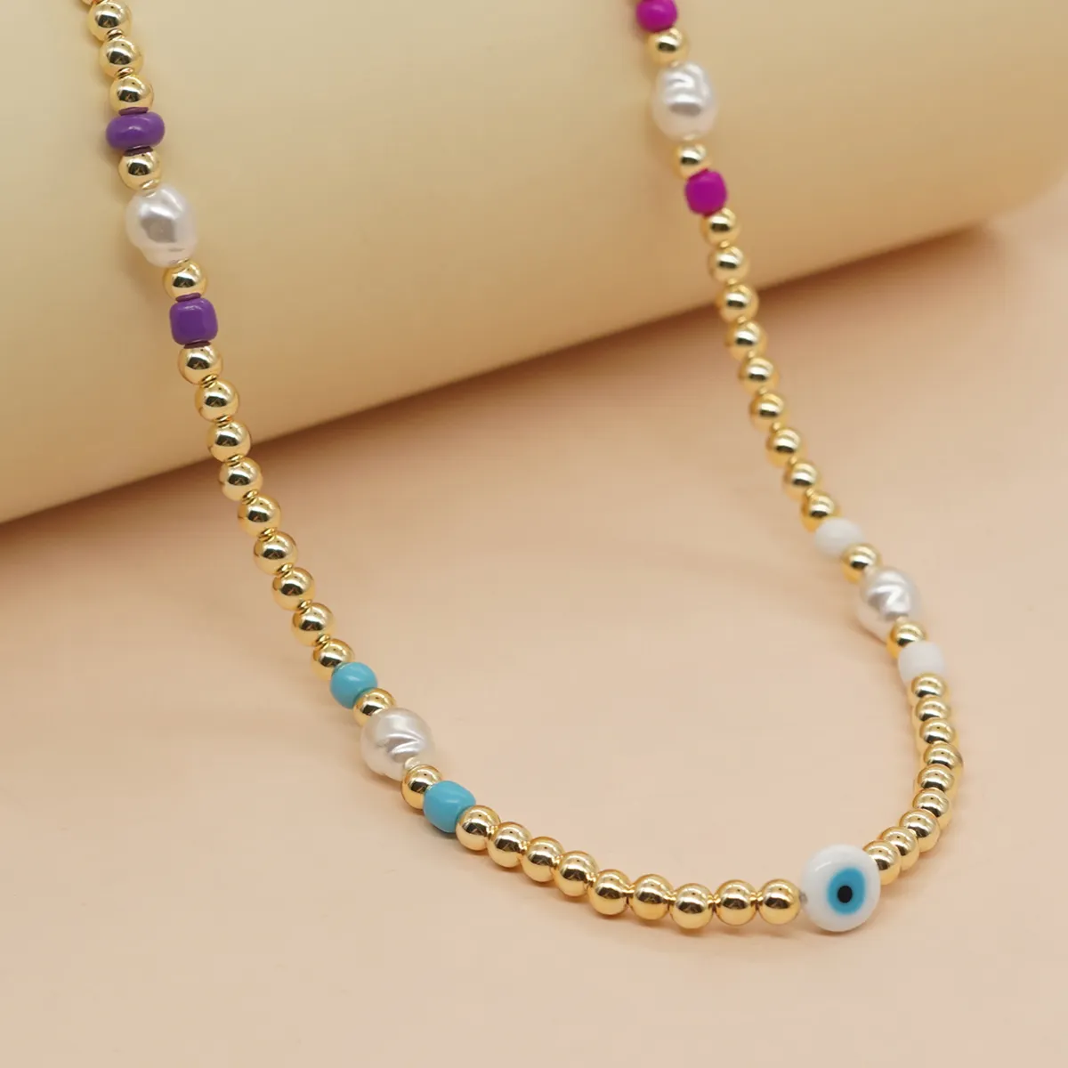 Go2boho Boho Summer Fashion High Quality Gold Beaded Imitation Pearl Necklaces For Women Evil Eye Lover Heart Colorful Jewelry