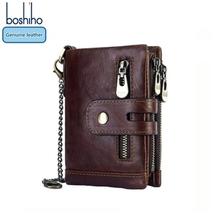 Men's Vintage Bifold Chain <b>Wallet</b> Real Leather <b>RFID</b> <b>Blocking</b> Double Zipper Coin Pocket Purse Anti-Theft Chain <b>Wallet</b> - Product Image 1