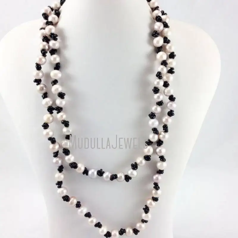 NM31715 White Baroque Pearl Freshwater Pearl Necklace Long Charm Knotted Round Shape Necklace Bohemian Boho Jewelry