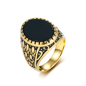 Retro Punk Black Gemstone <b>Titanium</b> Steel <b>Ring</b> For Men Two Tone Gold And Solid Gold Bezel Setting Index Finger Jewelry Gift - Product Image 5