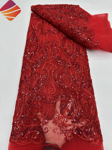 Tela de Encaje Africana de Alta Calidad 2026, con Cuentas Nigerianas y <span class=keywords><strong>Lentejuelas</strong></span> Bordadas, Tela de Tul con Cuentas de Lujo para Vestidos de Novia - Product Image 4