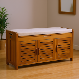 Panca da ingresso in bambù con contenitore a 3 ante per scarpe, ideale per l'arredamento della camera da letto - Product Image 2