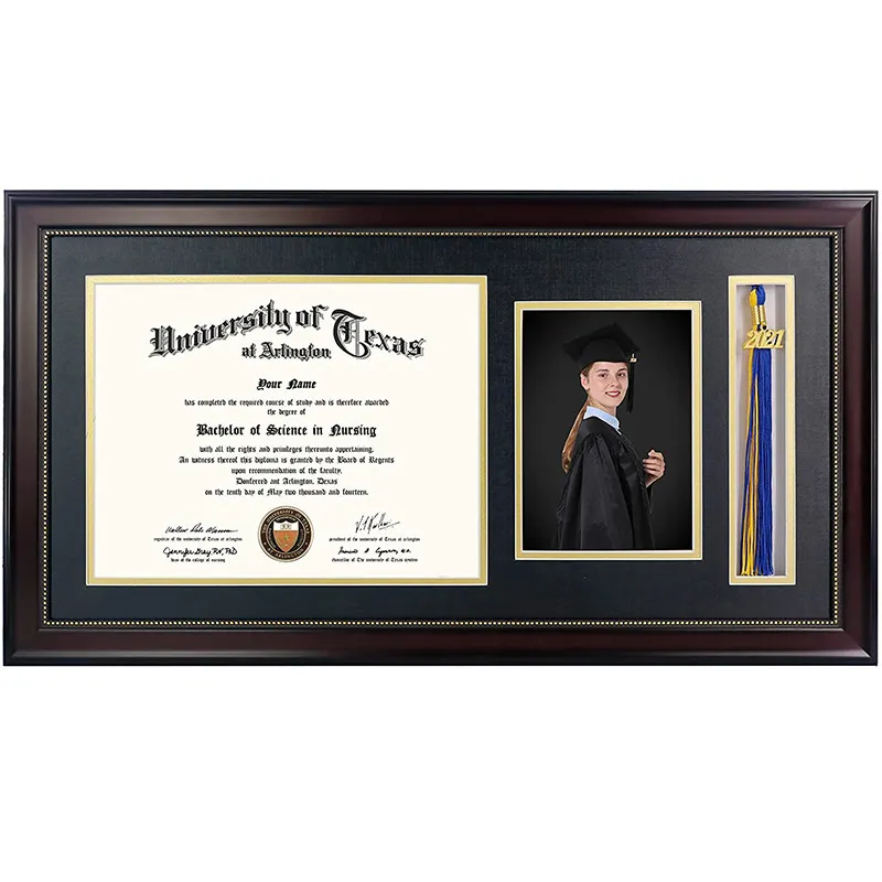 Cornice per Diploma in legno con porta nappe e cornice per foto e certificati oro nero
