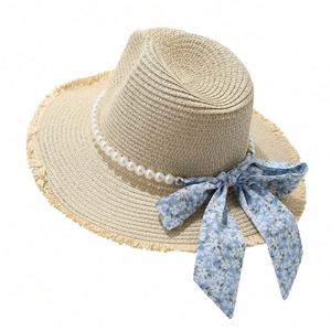 Chapeau de paille d'été pour femme avec nœud en perles et ruban, idéal pour les vacances décontractées à la plage et la protection solaire - Product Image 5