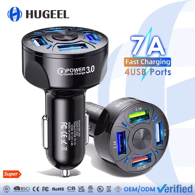 Wholesale 4 USB Car Charger 7A Fast Charging Car Adapter with Led Light 35W 48W Car Charger Kit for Phone Tablet Earphone