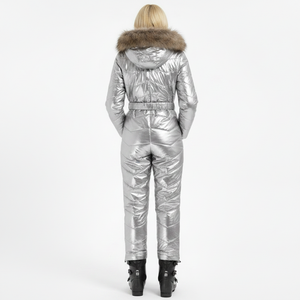 Combinaison de <span class=keywords><strong>ski</strong></span> pour <span class=keywords><strong>femme</strong></span> AQTQ, luxe, argent métallisé, avec capuche en <span class=keywords><strong>fourrure</strong></span>, ceinture de créateur, une pièce - Product Image 3