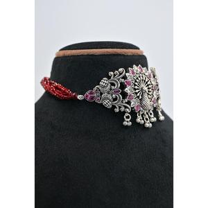 Boho <b>Silver</b> Flower <b>Choker</b> Necklace with Red Beads and Cubic Zirconia for Women Party Jewelry - Product Image 1