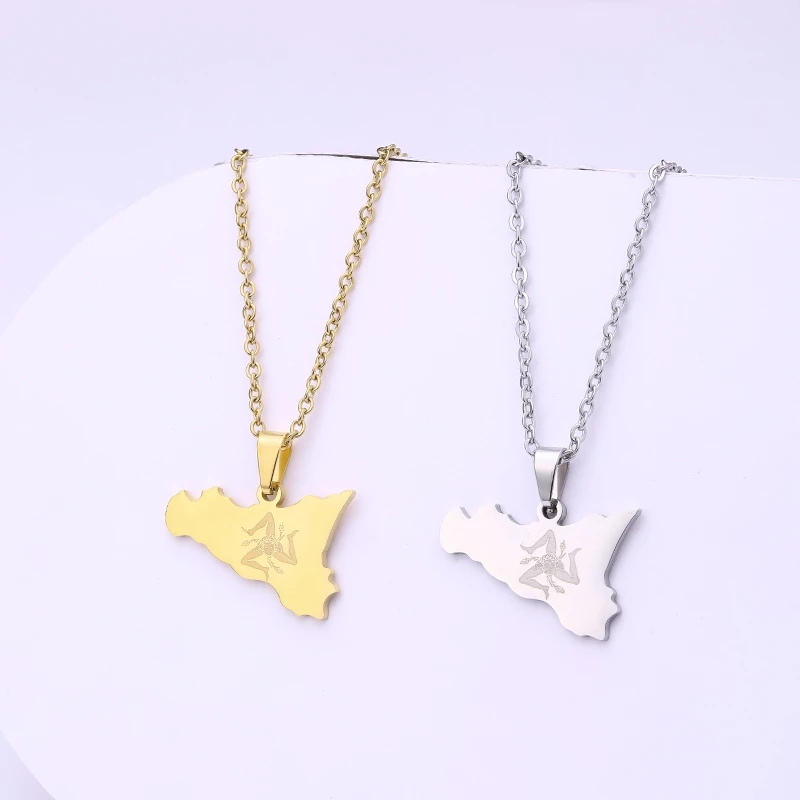 Collana Con Ciondolo Mappa Italia Sicilia - Gioiello Etnico Unisex In Metallo Ipoallergenico