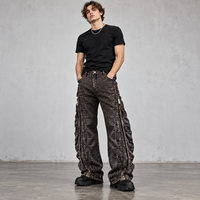 DiZNEW Mud Wash Multi-Zipper Baggy Jeans Homme – Pantalon en jean matelassé avant-gardiste à jambe large – Streetwear personnalisé
