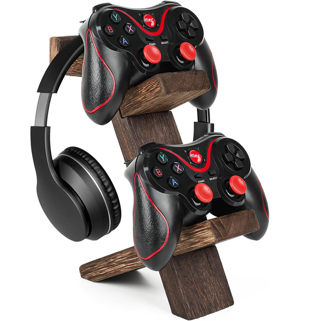 FSC BSCI Customized 2-Tier Rustic Paulownia Wooden Headphone Game Controller Holder Headset Stand Storage Rack
