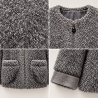 Veste en fourrure OEM grise sans col, à bouton unique, poches plaquées, en fourrure bouclée à poils longs, avec revers larges, coupe ample, pour style urbain automne-hiver