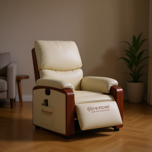 Fauteuil inclinable électrique Harenbee en similicuir crème avec structure en bois, un siège, design contemporain - Product Image 2