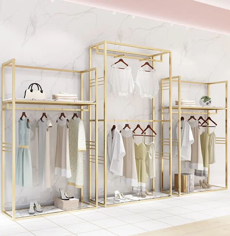 2024 novo design de rack de roupas de chão em aço inoxidável para exibição de roupas em lojas de varejo