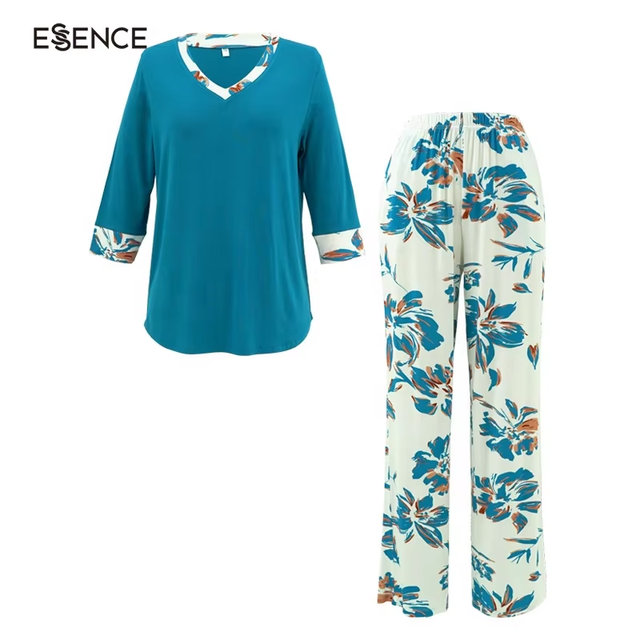 Custom Ladies Floral Printed Lounge Pants Loungewear Set Long Pants Pjs Knit Bamboo Pajamas for Women's Sleepwear