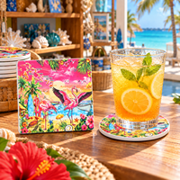 Ensemble de sous-verres en céramique souvenir des Bahamas des Caraïbes avec motif flamant rose et plage tropicale, support en liège, boîte cadeau, fournisseur en gros OEM ODM