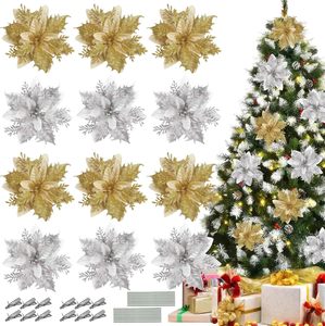 Wholesale 35cm Xmas Supplies <b>Red</b> Gold Silver Artificial <b>Glitter</b> Poinsettia Flowers Christmas Tree Decoration - Product Image 1