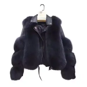 शांत शैली निचले स्तर फॉक्स फर जैकेट असली लेदर लेडी ओवरकोट महिलाओं सर्दियों फर मोटरसाइकिल कोट