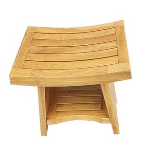 Tabouret de salle de bain incurvé en teck 45x30x46cm, banc de douche double couche imperméable avec étagère de rangement - Product Image 4