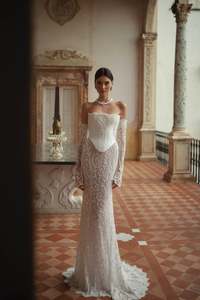 Robe de mariée sirène en crêpe, taille plus, <span class=keywords><strong>avec</strong></span> appliques, manches amovibles, dentelle perlée, corset, nouvelle collection, vente chaude, S0575N - Product Image 5