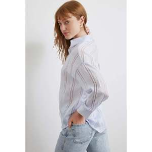 Camisa de Organza a Rayas Azul, Blusa Informal para Mujer, Translúcida, para Uso Diario - Product Image 5