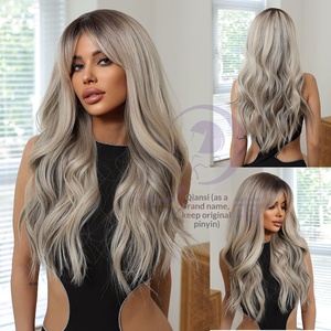 Parrucca Naturale Stile Europeo e Americano con Frangia, Marrone Chiaro, Onde Grandi e Voluminose, Capelli Lunghi Ricci, Senza Colla, Densità 100% - Product Image 2