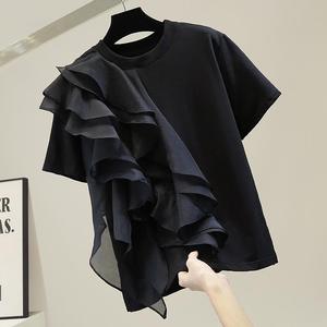 Big Ruffle Layered <b>Patchwork</b> Color-Crossing Pullover Women's Short Sleeve T-Shirt <b>Top</b> Fashion - Product Image 3