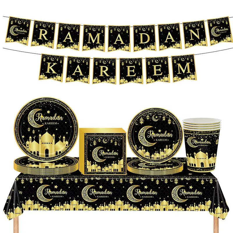 170 pièces nouvelles idées de produits 2024 décorations de Ramadan fête à thème vaisselle jetable assiettes tasses serviettes nappe fête