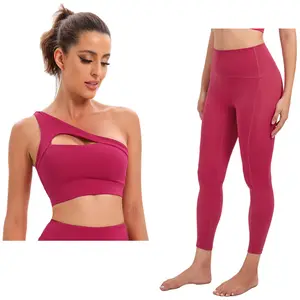 Aoyema New Arrival Gym Set Womens Sexy 2 Pieces Soft One Shoulder Hollow Out Sport Top and Legging Suit Running Yoga Sets