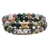 Ensemble de 2 bracelets unisexes en pierre d'agate indienne de 8 mm, tête de Bouddha, tête de crâne, casque de guerrier spartiate, couronne en fer
