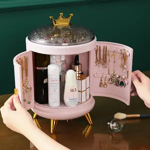 Desktop Jewelry Holder Stand Rotary Shelf Magic Case Pink Plastic Makeup Organizer 360 Degree Rotating Cosmetic Storage Box