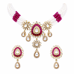 Elegant 925 <b>Silver</b> Necklace and Earrings Set with Pink and White Beads Traditional Indian Bridal Jewelry for Women - Product Image 4