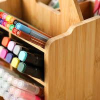 Organisateur de bureau et scolaire moderne en bambou naturel durable à 5 compartiments inclinés – Boîte de rangement de bureau