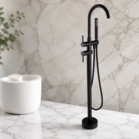 Meilleures ventes : Ensemble de douche de luxe autoportant en laiton, design carré, avec robinet de bain électrique à jet pluie unique, finition noir mat, barre coulissante et éléments en céramique
