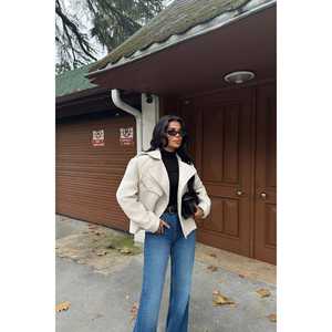 Beige Ladies <b>Double</b>-Breasted Outerwear Jacket <b>Quilted</b> Leather with Customizable Logo Lightweight and Short Length - Product Image 2