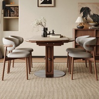 Table à manger extensible avec plateau en pierre frittée et base en bois massif, style moderne vintage