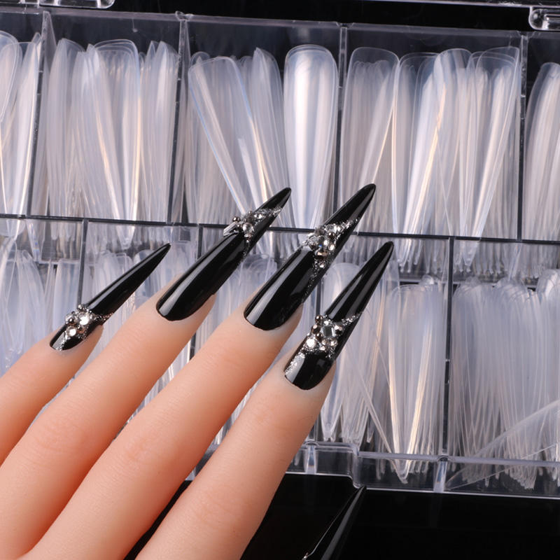 TSZS New Arrival Finger Nails Design Long Stiletto Shape Clear Full Cover False Nail Transparent ABS Fake Nail Tips
