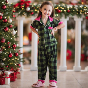 HUOYOUNG Ensemble de pyjamas de Noël en coton et bambou à carreaux vert <span class=keywords><strong>personnalisé</strong></span> pour la <span class=keywords><strong>famille</strong></span> Tenues de Noël assorties - Product Image 3