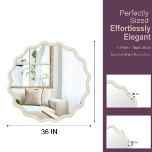White 36 Inch Wavy <b>Round</b> Solid Wood Frame Decorative <b>Mirror</b> For Bedroom <b>Bathroom</b> Living Room Entryway - Product Image 5