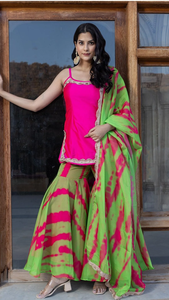 Wholesale Jhilmil Pink Green Sharara Set Multi Size Available Taffeta Kurta Sharara Set - Product Image 2