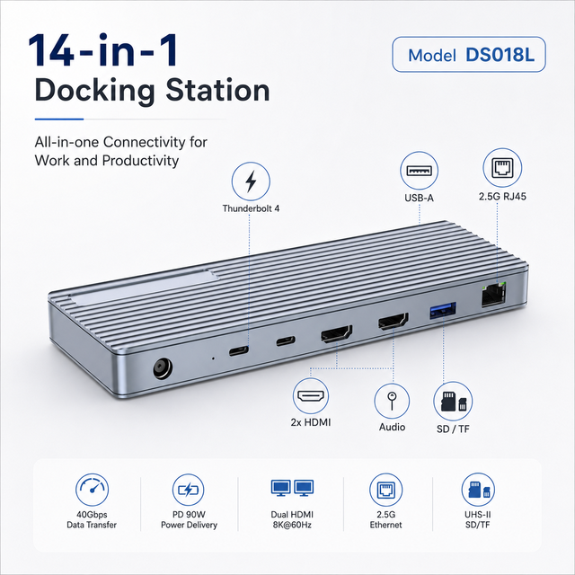 14 in 1 Thunderbolt 4 Docking Station Dual HDMI 8K 60Hz 2.5G Ethernet USB4 Hub 40Gbps 90W PD Powered Type C Dock for MacBook