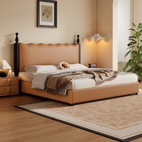 Modernes Vintage Öko-Freundliches Gepolstertes Plattformbett mit Stauraum, Hohen Pfosten, Gestepptem PU-Leder-Kopfteil und Massivholz-Basis aus Kiefernholz