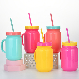 500ml Mason Jar Double Wall Acrylic Tumbler Cups In Bulk Mason Cup BPA FREE Plastic Tumbler With Lid and Straw