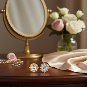 Orecchini a perno alla moda E1412 placcati oro con zirconi a forma di fiore, gioielli da festa da donna con montatura a griffe in lega, di tendenza - Product Image 2