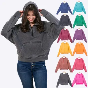 Phụ Nữ Của Hoodies Áo Nỉ Axit Rửa Đau Khổ Bán Buôn Tùy Chỉnh Quá Khổ Trống Cắt Màu Đen Thể Thao