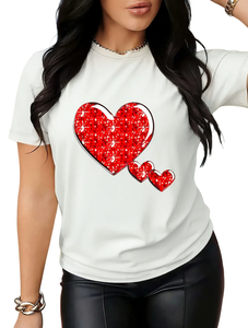 T-shirt décontracté pour femmes pour la Saint-Valentin, imprimé cœur brillant, col rond, manches courtes, respirant, jersey 100% coton, haut pour le printemps et l'été - Product Image 1