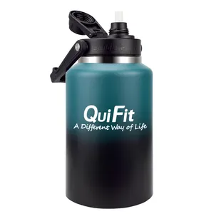 QuiFit64oz大容量真空魔法瓶ウォーターボトル、ストローガロンジャグ付き大型ステンレス鋼