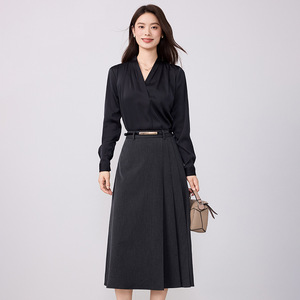 Women's Suit Set Black Shirt Midi Skirt Full Sleeve Satin Office Lady Spring Anti-Wrinkle Professional Attire - Product Image 1