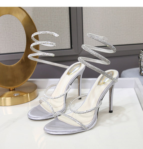 European American 2025 Summer New Breathable Anti-Slippery Winding Satin Rhinestone High Heel 10cm Round Toe Strap <b>Sandals</b> Women - Product Image 6