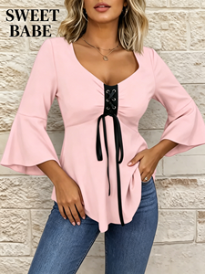 SWEET BABE Blouse pour femme à manches évasées, col en V, détail lacé, ourlet asymétrique, coupe ample, pour le quotidien - Product Image 1