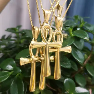 2024 dainty mode perhiasan christian halus emas berlapis baja nirkarat perhiasan pria ankh salib liontin kalung untuk wanita